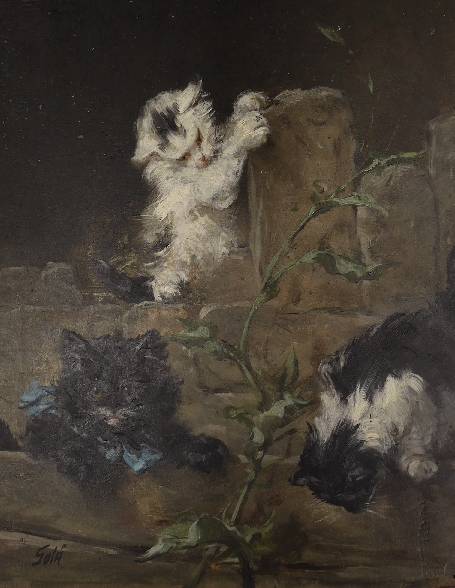 Eduardo Sanchez Sola (Spanish, 1869-1949), pair of oils on wooden panels, Studies of kittens, signed, 27 x 21.5cm, unframed